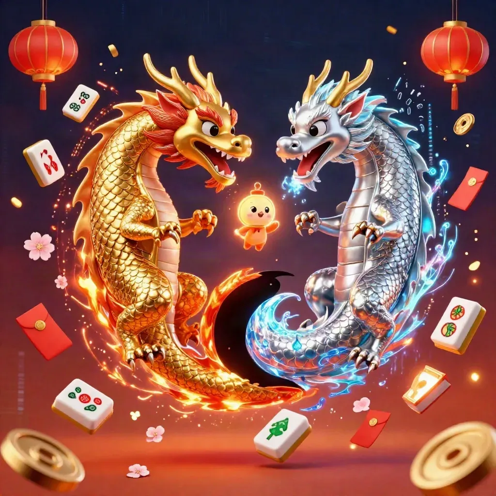 Two intertwined gold and silver dragons form a yin-yang with lantern, mahjong and casino effects.