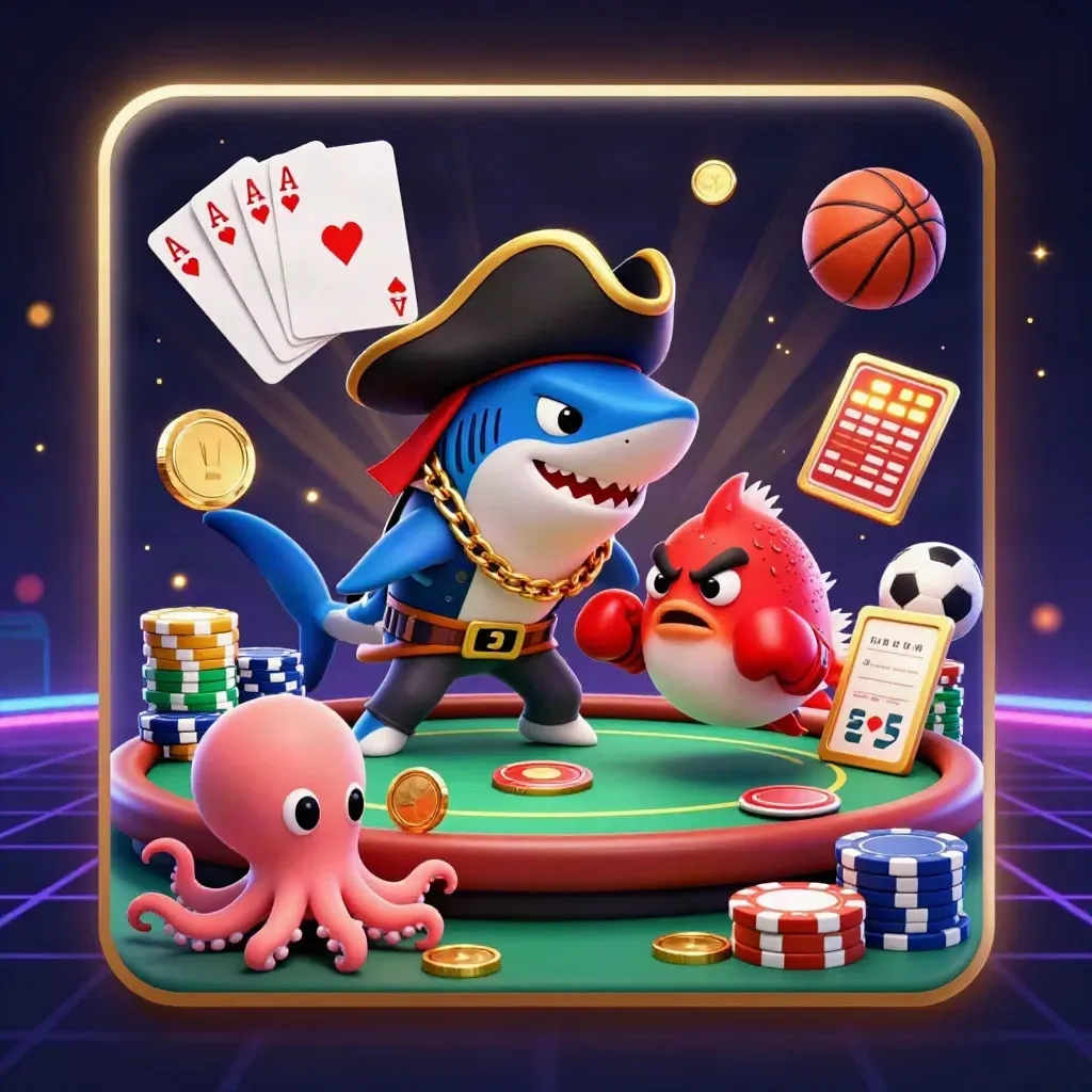 Pirate shark, pufferfish, and octopus at a casino table with chips, coins, and sports props.