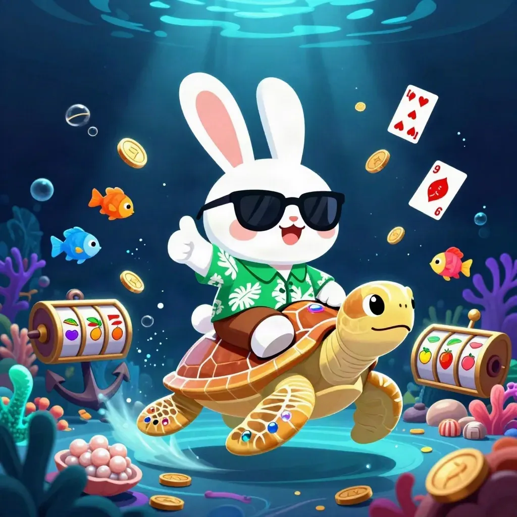 Lucky rabbit rides a gold sea turtle through a glowing treasure cove with coins, cards, and coral.