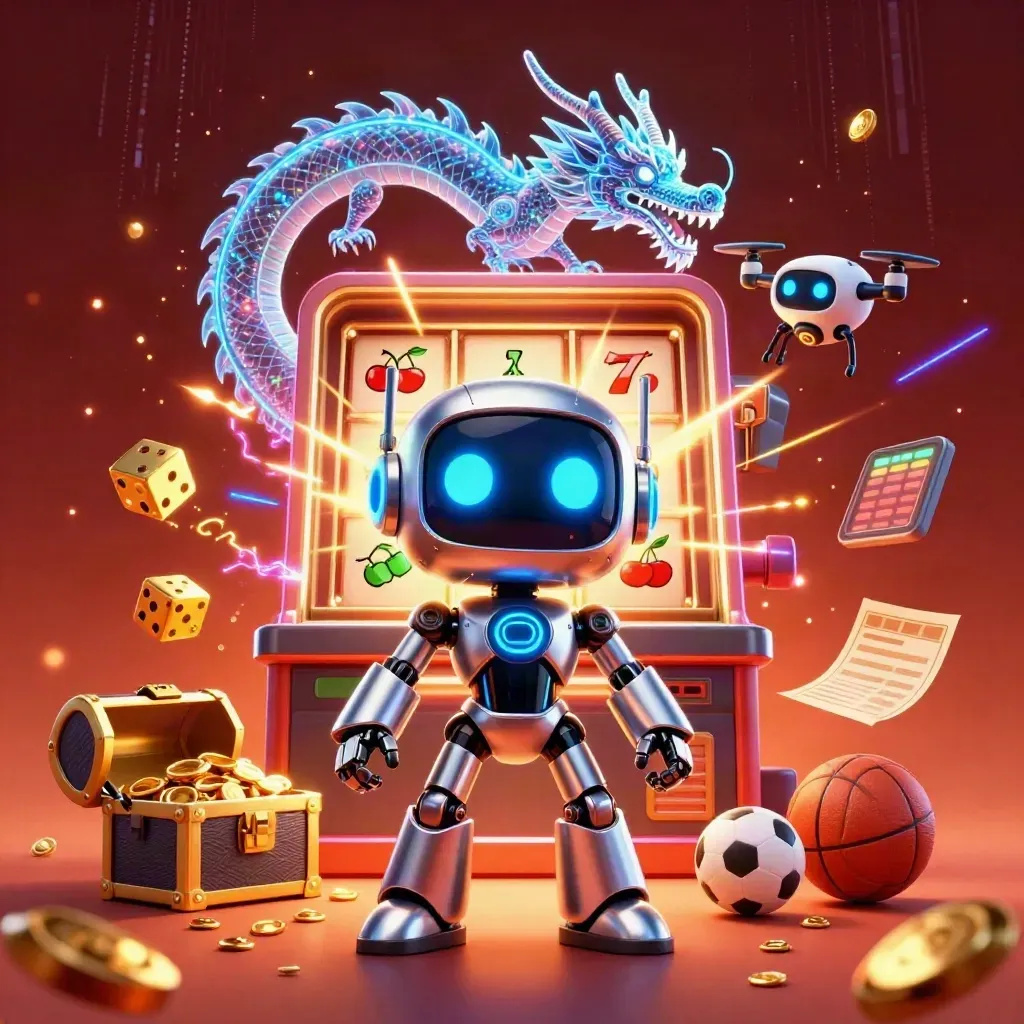 Cyberpunk robot, holographic dragon, drone, slot burst, gold and sports icons in a fiery casino scene.
