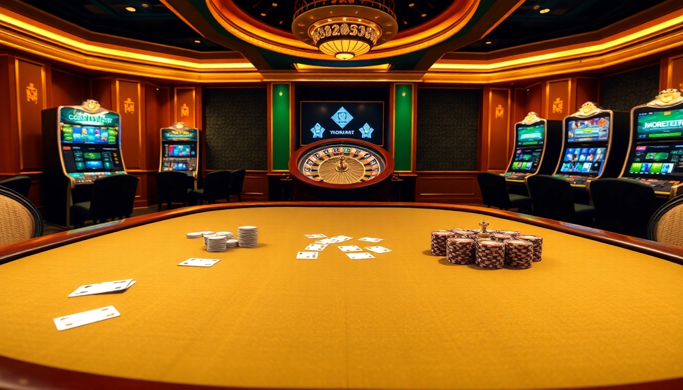 Experience the thrill of gambling at https://vb88org.com/ with an elegant casino showcasing poker tables and slot machines.