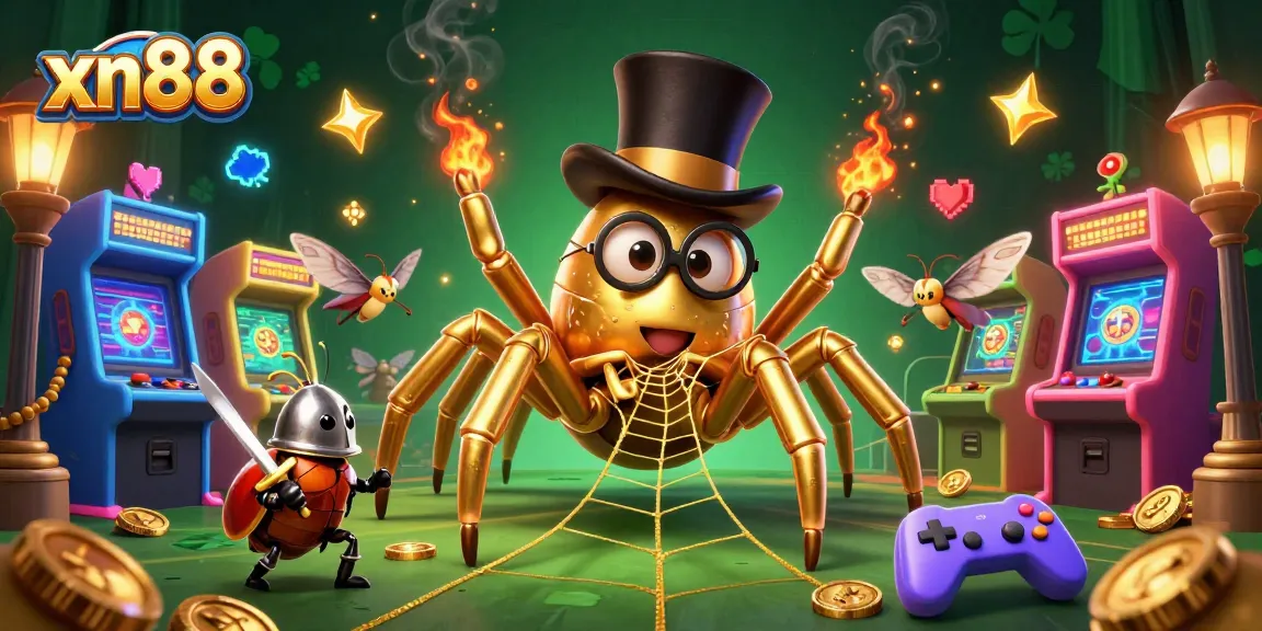 Experience xn88's vibrant casino world with unique characters and game elements in a captivating illustration.