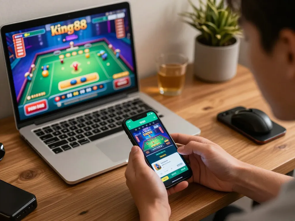 Player immersed in king88 vina mobile casino app, enjoying online gaming experience at home.
