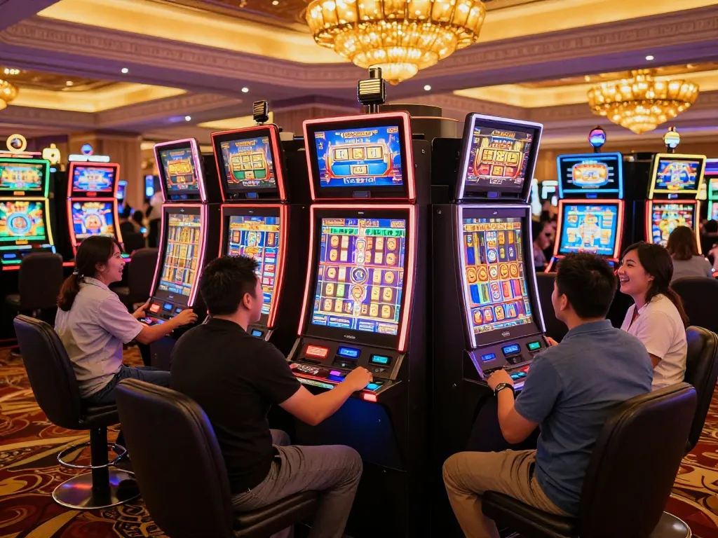 Players enjoying dynamic slot machines in a vibrant casino environment with C168 displays