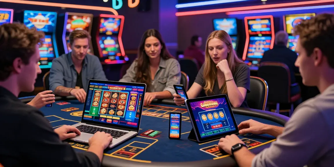 Exciting online casino gaming scene showcasing the best casinos for credit cards with players using laptops and tablets.