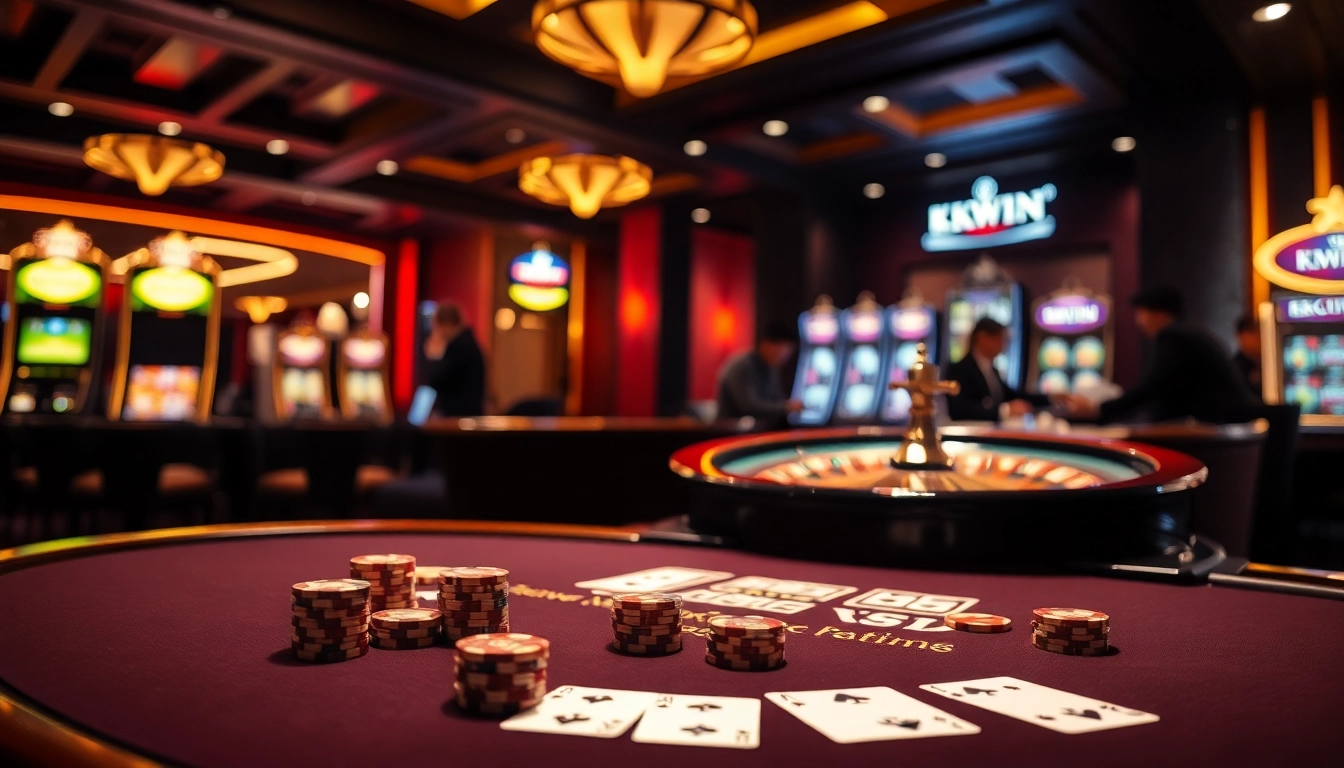 KKWIN gaming table with vibrant cards and poker chips in an elegant casino setting.