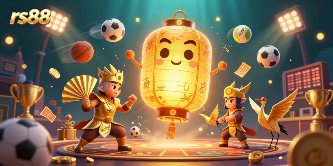Engage in thrilling gameplay at rs88 with vibrant casino-themed 3D illustration featuring sports and gaming elements.