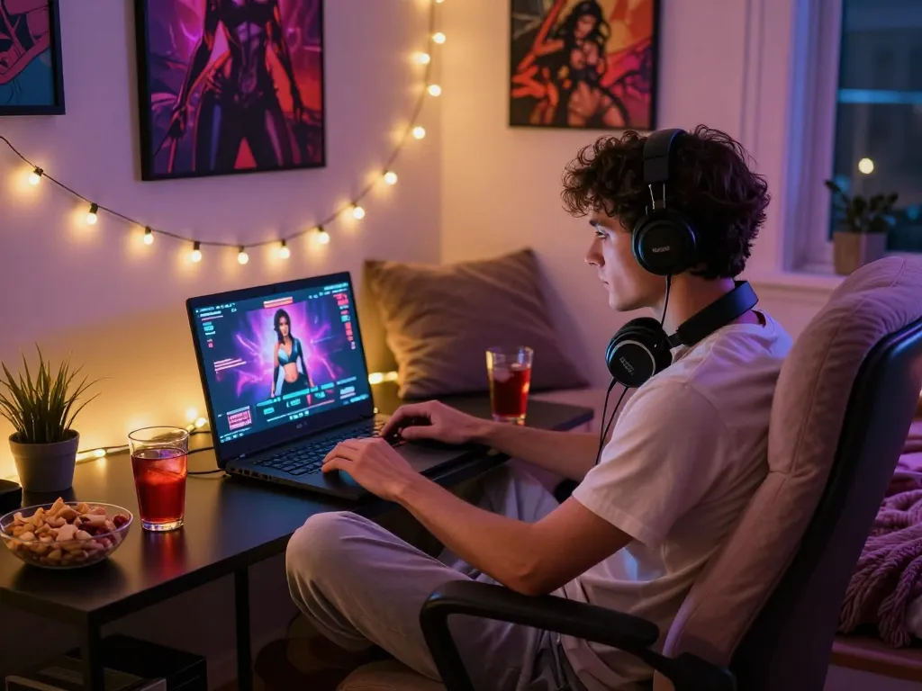 Adult gamer enjoying porn games on cozy bedroom setup with soft lighting.