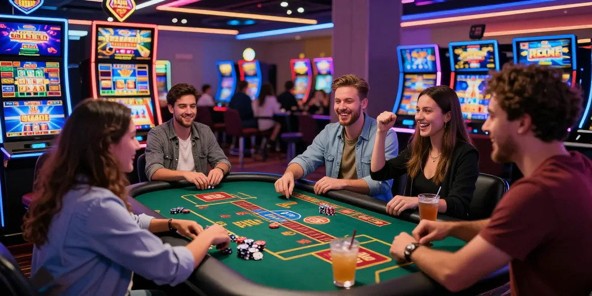 New online casinos showing lively gaming atmosphere with friends enjoying colorful slot machines and live dealers.