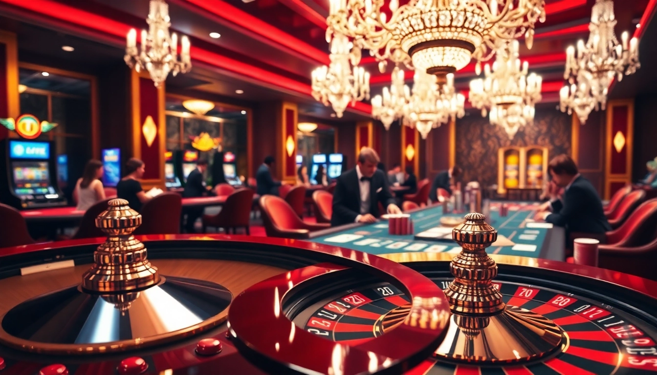 Experience high-stakes excitement with https://debet678.com/ in a luxurious casino setting filled with vibrant tables.
