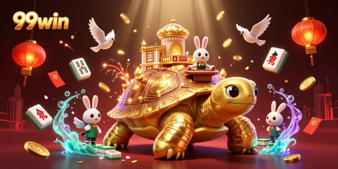 Engage with 99win through a vibrant casino scene featuring a golden tortoise and a rabbit dealer.