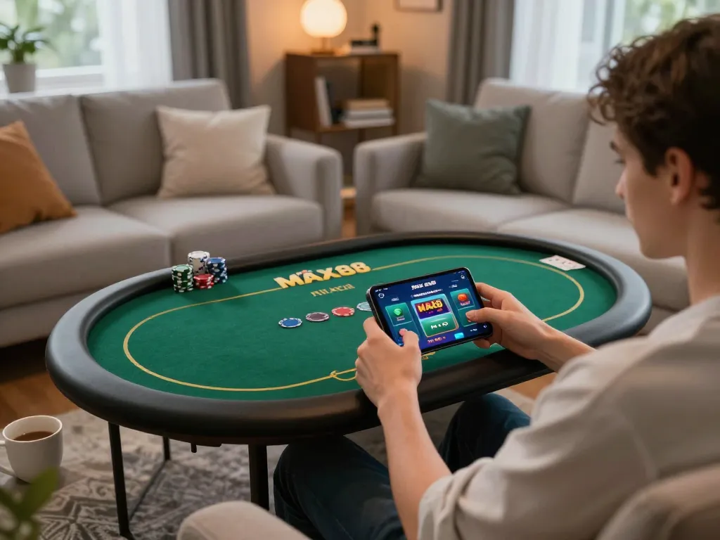 Engaged player enjoying the Nhà cái MAX88 poker app on a smartphone in a cozy home setting