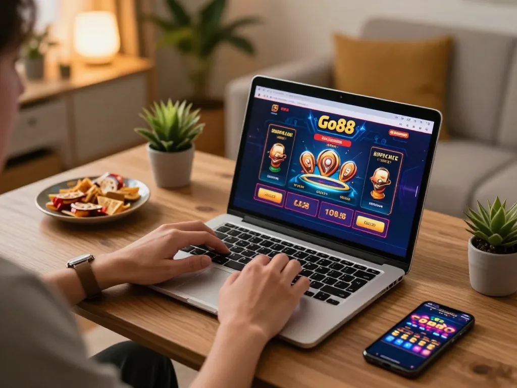 Engaging scene of a player using Go88 to tải go88 on a laptop, illustrating exciting online gaming.