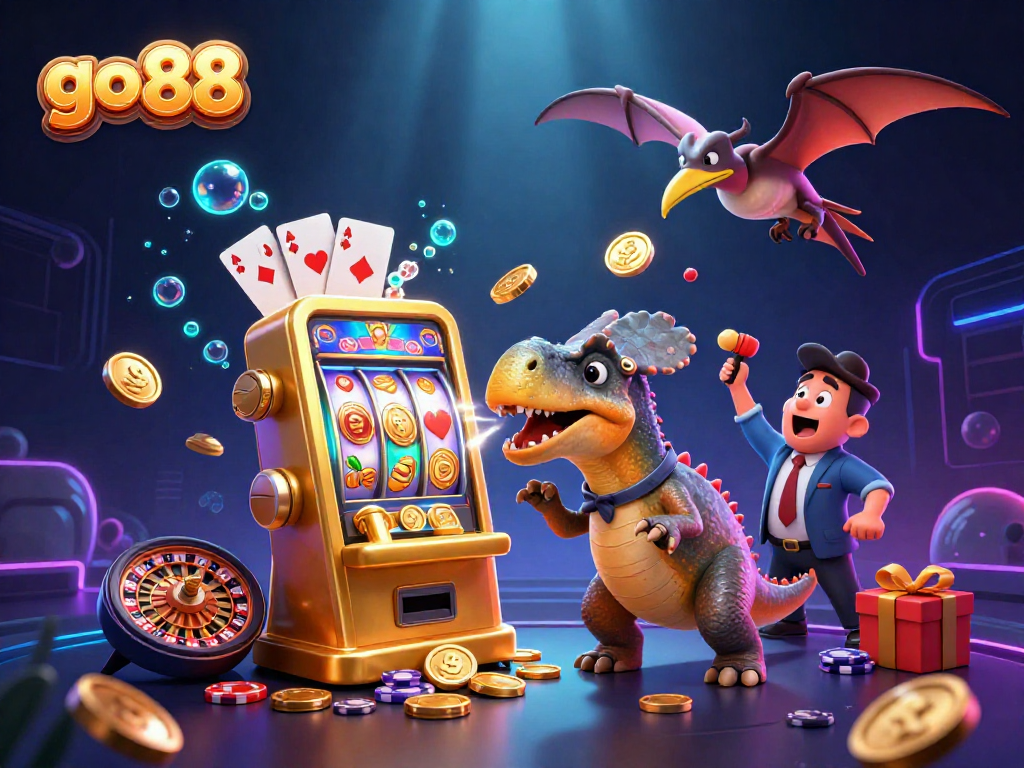 Experience go 88 excitement as a pachycephalosaurus triggers a jackpot from a golden slot machine.