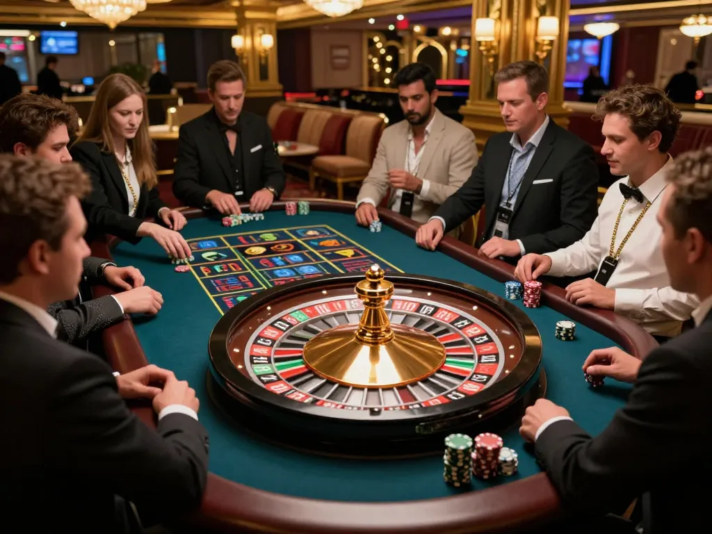 Engaged players placing bets during a thrilling KM777 roulette game, showcasing colorful chips and a spinning wheel.