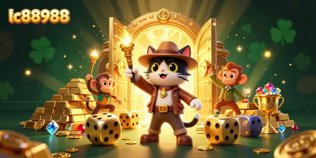 Engage with lc88988's thrilling casino adventures featuring archaeologist cat and monkey amidst treasures.