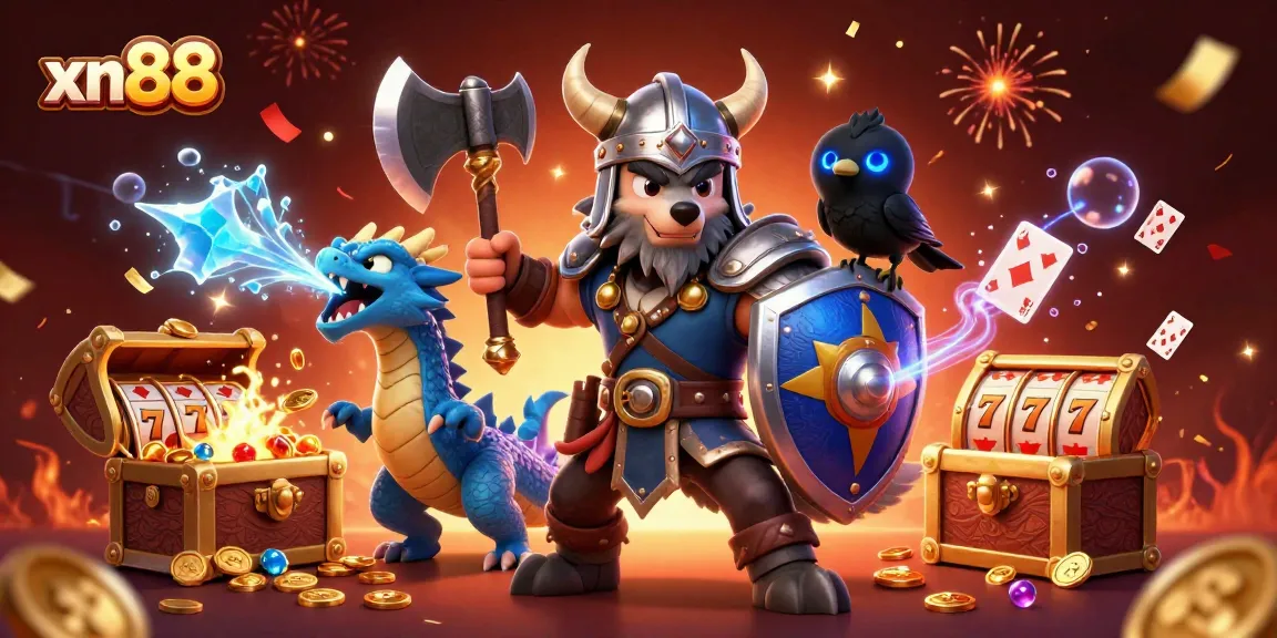 Engage in thrilling gaming with xn88 featuring a Viking wolf warrior, dragon, and vibrant slots scene.