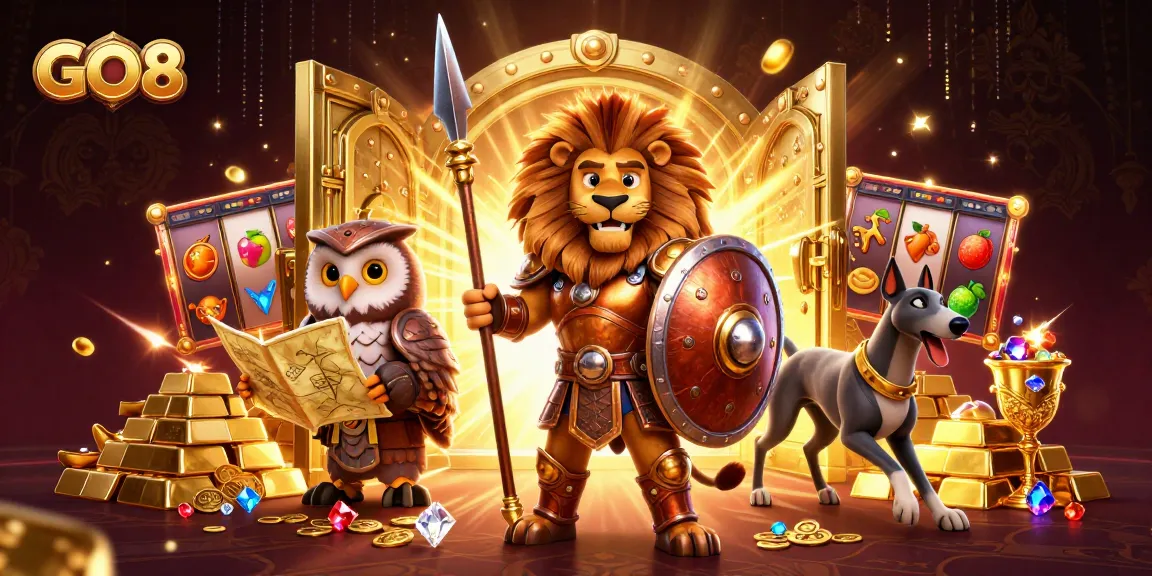 Experience exciting gameplay at GO8 with a dynamic illustration showcasing a lion, owl, and greyhound in a treasure-filled casino