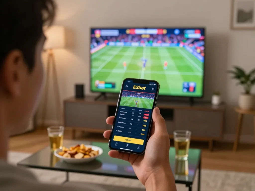 E2bet user placing bets on sports via smartphone in a lively living room setting