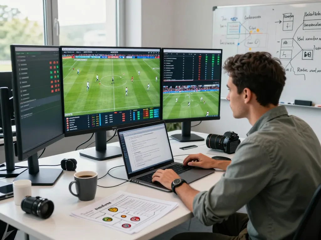 Football analysts reviewing real-time kết quả bóng đá with dynamic stats in a vibrant office.
