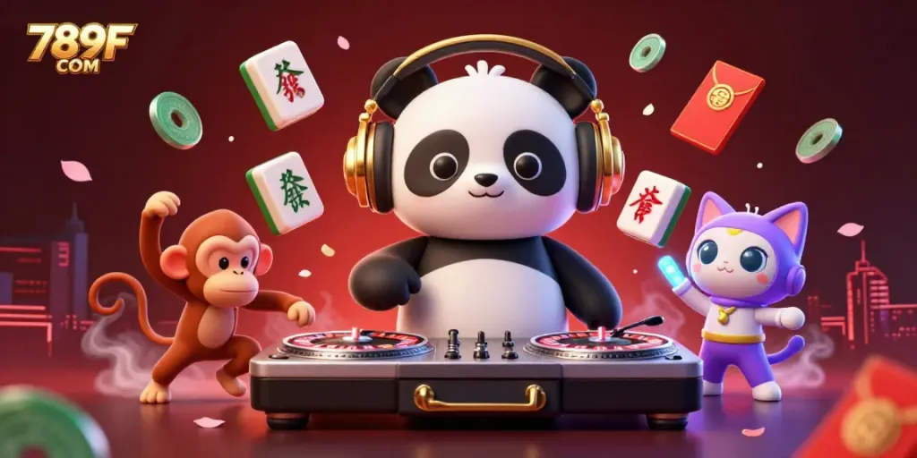 Experience the lively atmosphere of gaming with DJ panda and friends at 789F COM, highlighting roulette wheels and festive elements.
