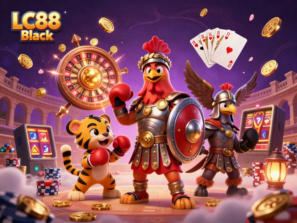 Join the adventure at LC88 Black with a vibrant 3D casino scene filled with colorful characters and dynamic game elements.