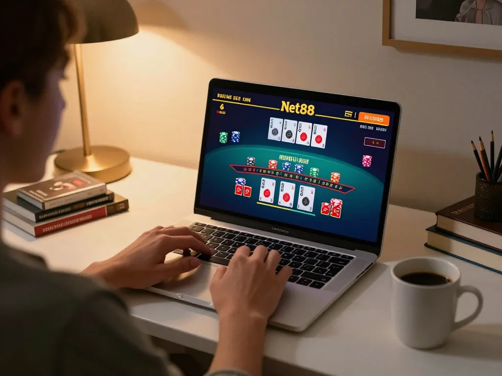 Player enjoying online Net88 casino blackjack at home with warm ambiance and strategic notes