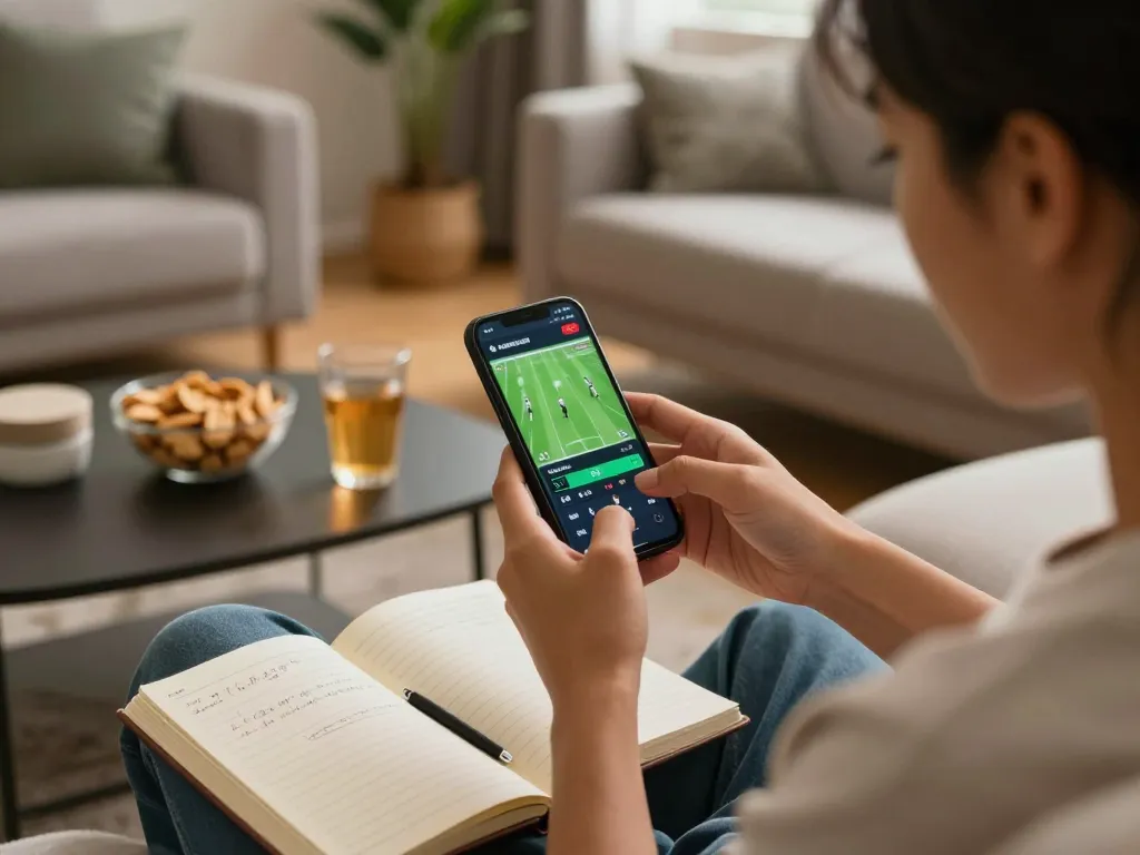 Person analyzing live sports odds on their smartphone at home, using tylekeonhacai88 for informed betting decisions