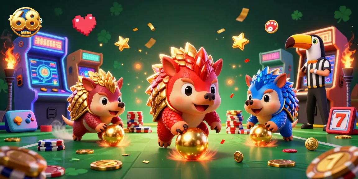 Engage with the thrilling 68WIN gaming experience featuring pangolins amidst casino action.