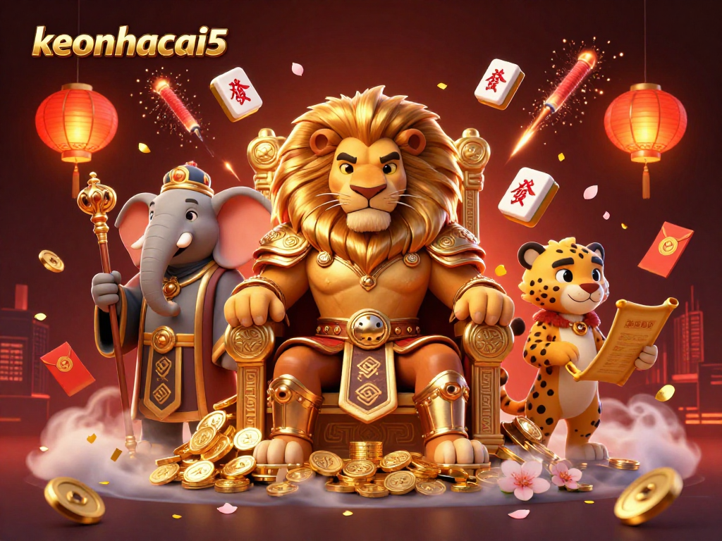 Experience excitement with keonhacai5 as a fierce lion king presides over a vibrant casino world.