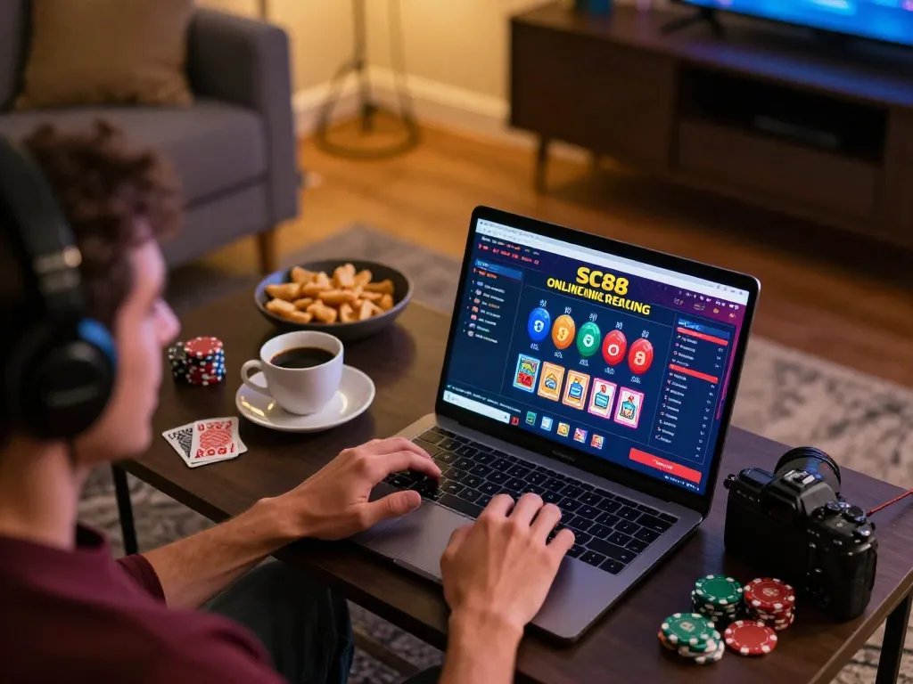 SC88 online gaming experience with player engaged in strategic gameplay on laptop, cozy setting