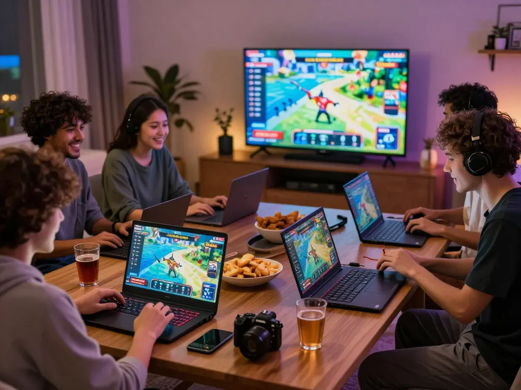 Friends enjoying fun79 gaming night with colorful graphics and snacks.