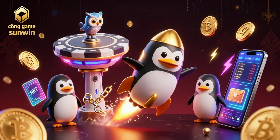 Experience luxury gaming at cổng game sunwin with a vibrant 3D illustration featuring a golden penguin and crypto coins.