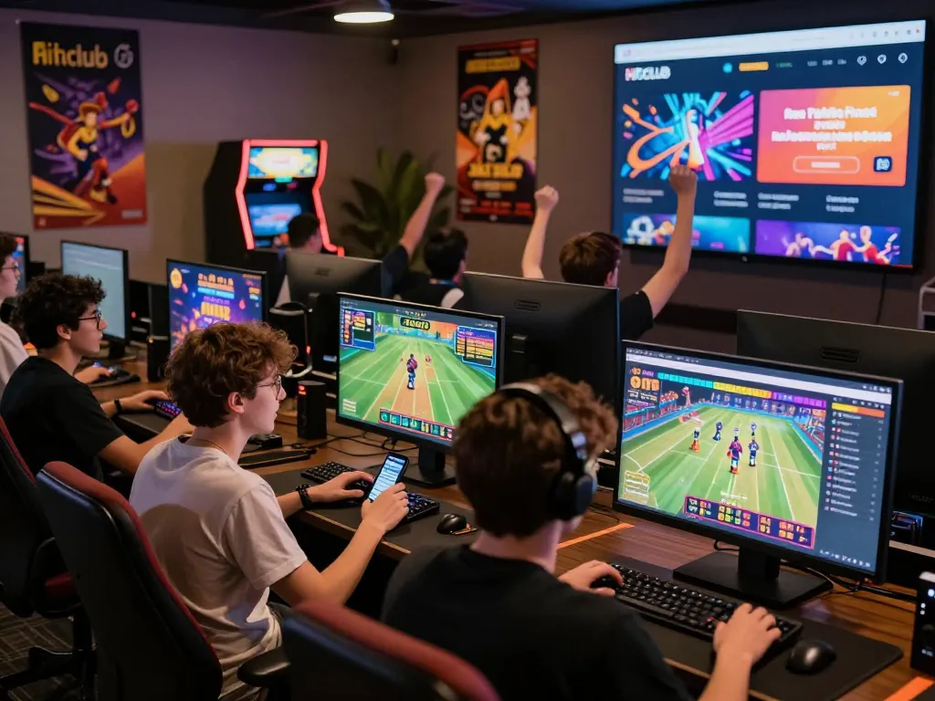 Hitclub gaming scene with players enjoying casino games and sports betting on vibrant platforms celebrating online entertainment.