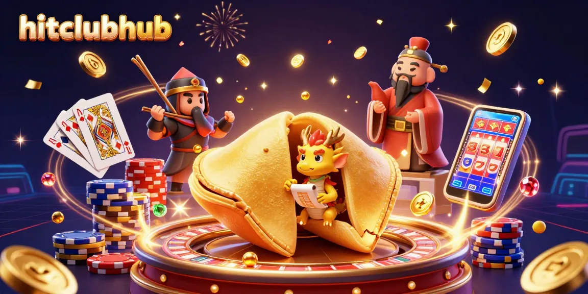 Experience the excitement at hitclubhub with a vibrant online casino scene featuring golden fortune cookies and dynamic gaming elements.