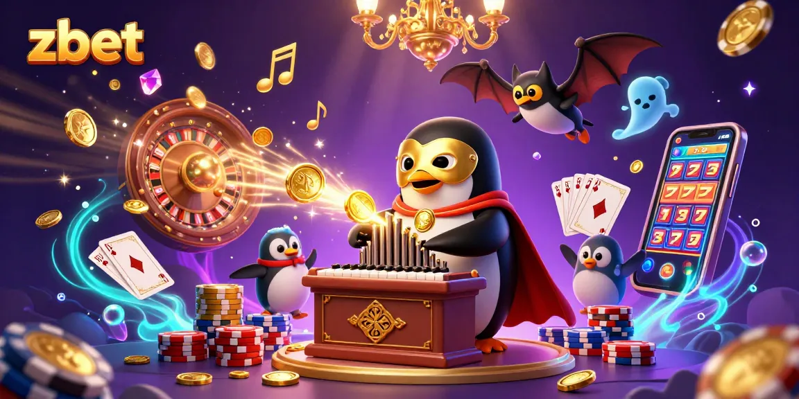 Zbet's 3D casino scene with a penguin organist, gilded themes, and sparkling gaming elements.