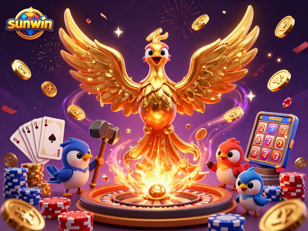 Sunwin's golden phoenix heralds thrilling wins in a vibrant casino scene filled with dynamic gaming elements.