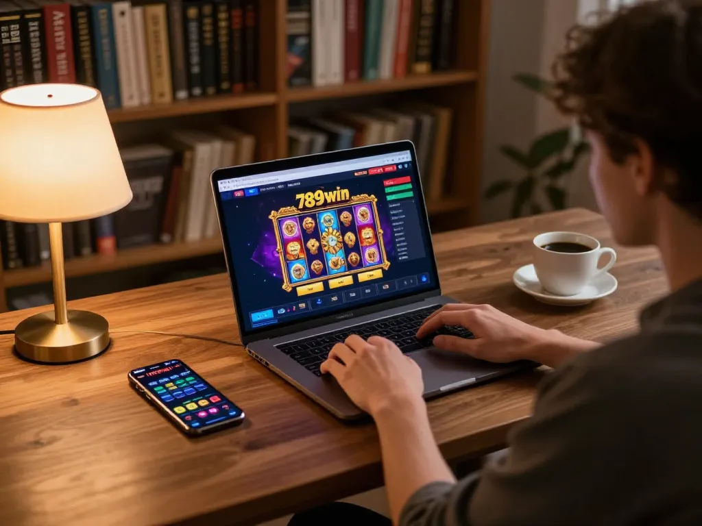 Engaging in online slots at 789win with animated graphics on a laptop.