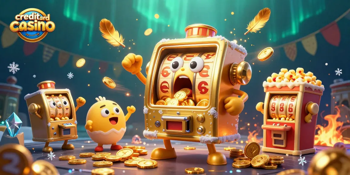 Exciting jackpot with a credit card casino theme showing a golden slot machine celebrating wins amidst coins and cheers.