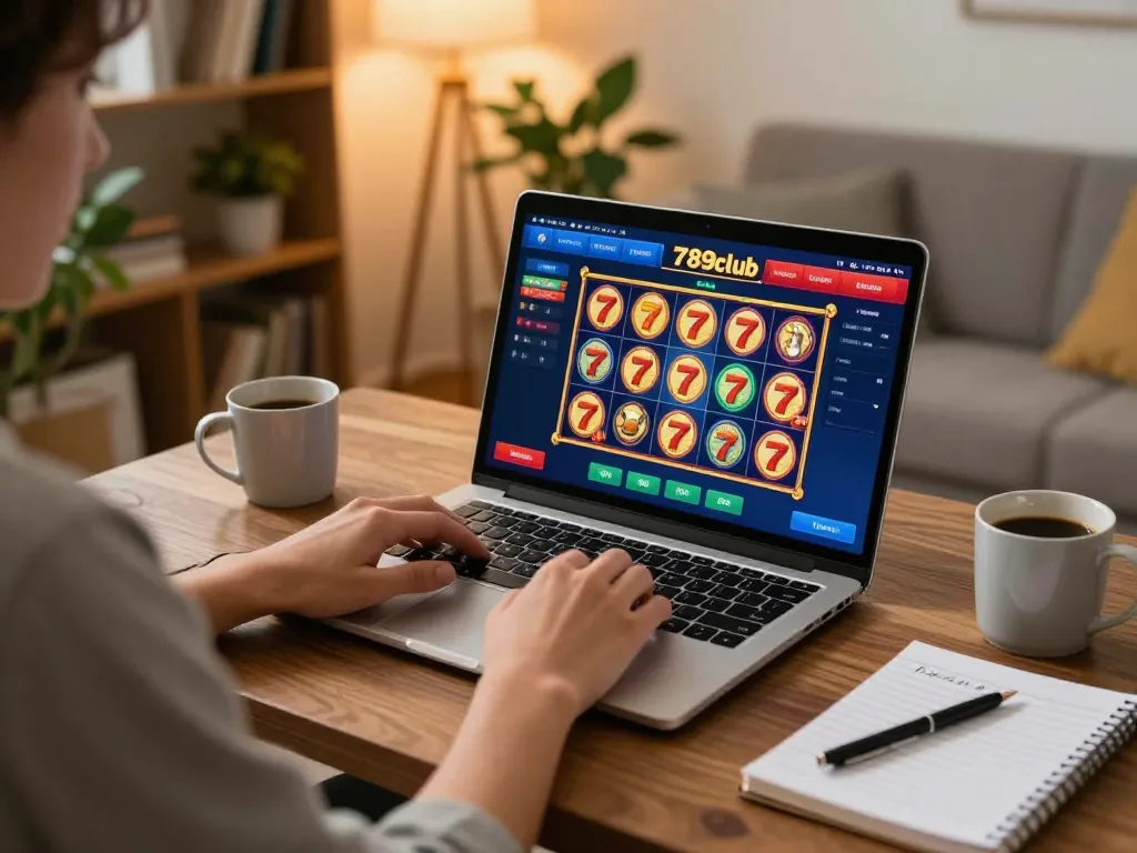Engaging gameplay on 789club casino interface displayed on a laptop in a cozy home setup