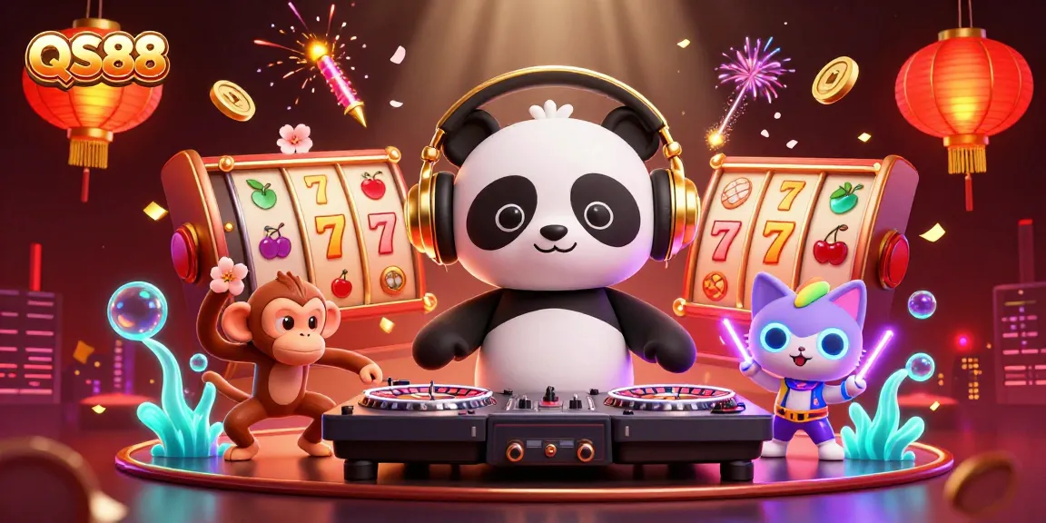 Join the vibrant QS88 casino scene with animated characters and rich gaming symbols in action.