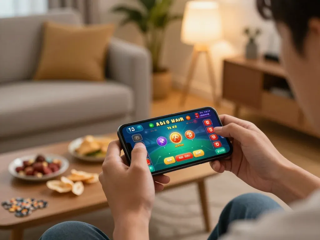 Engaging in a thrilling tài xỉu online game on a smartphone, set in a cozy home atmosphere