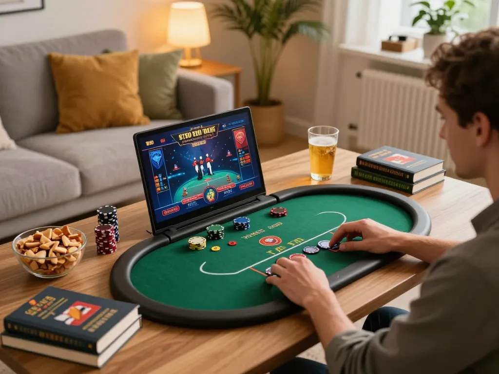 Engaging with Nhà cái MAX88 while playing poker in a cozy online gaming setup at home.