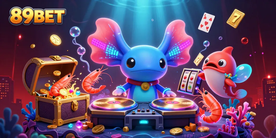 Engage with thrilling underwater casino vibes featuring 89BET's playful axolotl DJ and vibrant game elements.