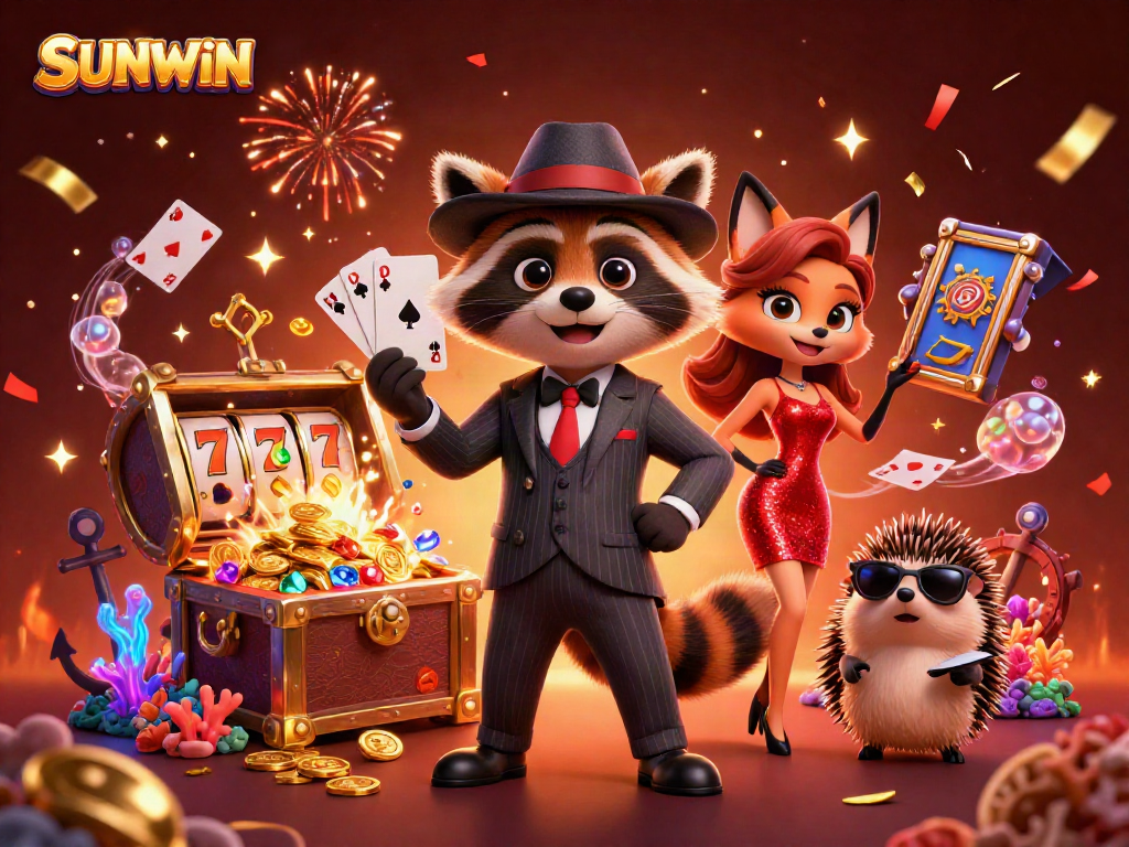 SUNWIN celebrates with a raccoon, fox, and hedgehog in a vibrant casino scene filled with explosive jackpots and festive details.
