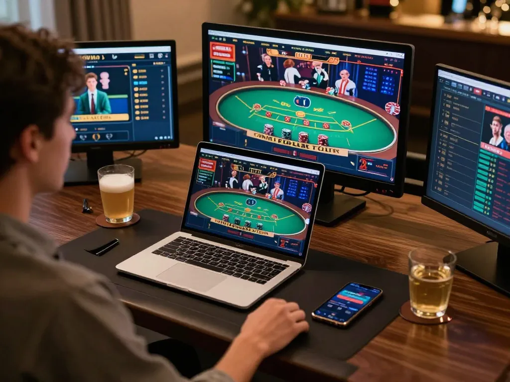 Players engaging in online gambling on qq88pro with live dealer blackjack and sports betting.