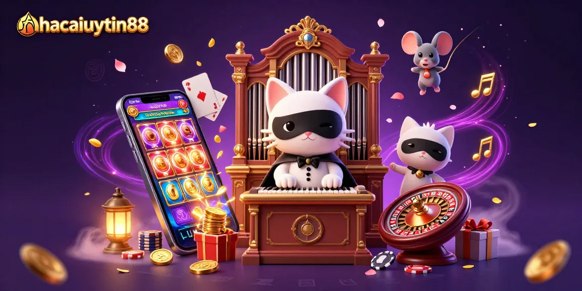 Engage with exciting action at nhacaiuytin88, featuring slot games and casino-themed characters in a lively 3D animation.