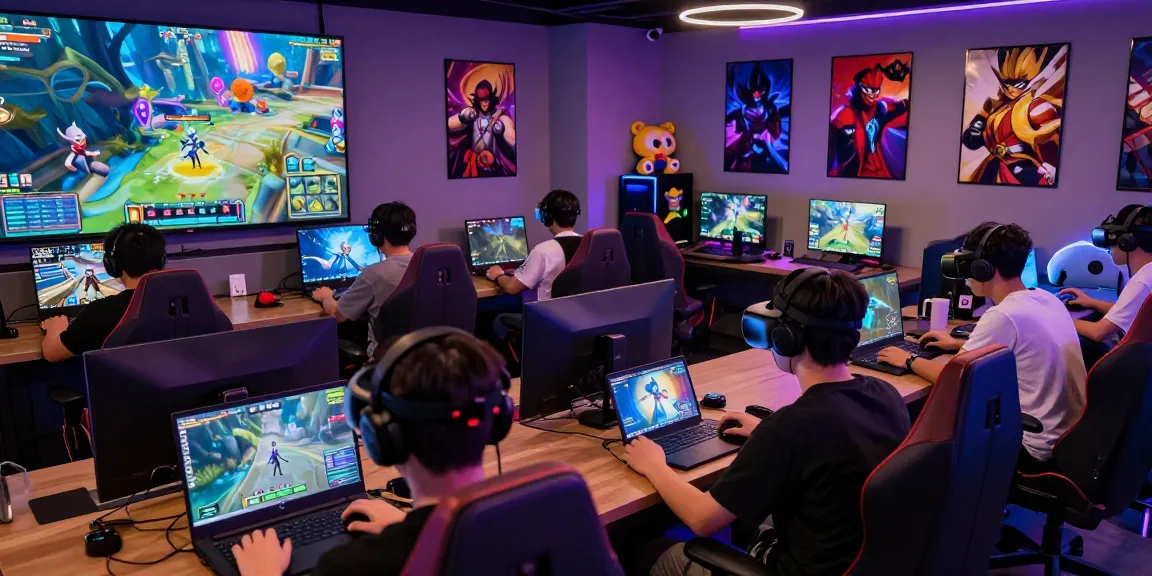 Engaged players enjoying diverse xxx games in a vibrant gaming lounge with neon lights and colorful HUD elements.