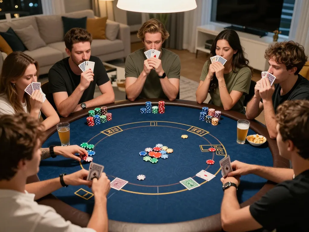 Poker players engaging in a friendly game night while enjoying snacks and drinks, featuring new pk luck in their strategies.
