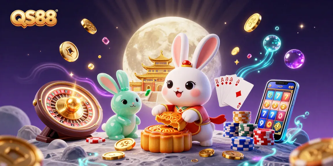 Experience winning moments at QS88 with a whimsical moon rabbit scene featuring vibrant game elements.